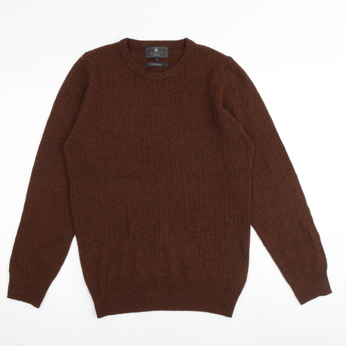 Marks and Spencer Mens Brown Round Neck Wool Pullover Jumper Size S Long Sleeve