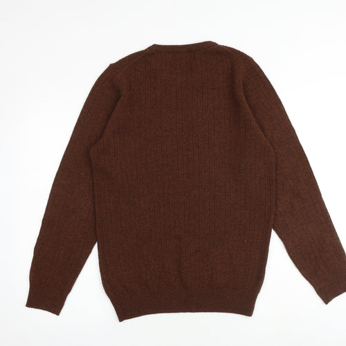 Marks and Spencer Mens Brown Round Neck Wool Pullover Jumper Size S Long Sleeve