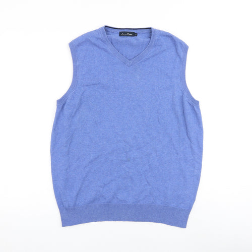 James Pringle Mens Blue V-Neck Cotton Vest Jumper Size S Sleeveless