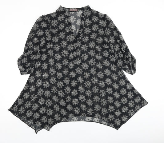 Portfolio Womens Black Geometric Polyester Tunic Blouse Size 14 V-Neck - Asymmetric Hem