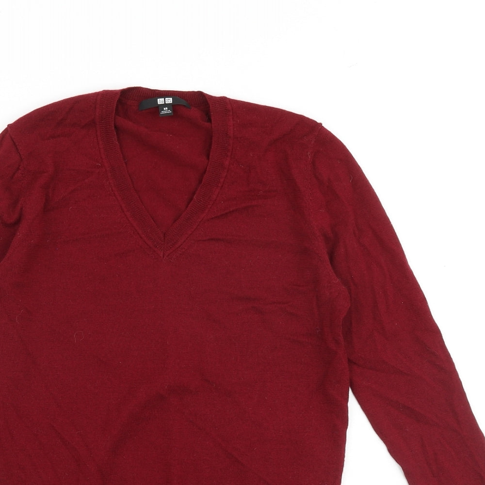 Uniqlo Womens Red V-Neck Wool Pullover Jumper Size XS