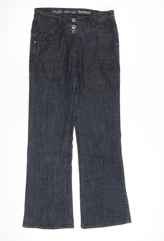 NEXT Womens Blue Cotton Bootcut Jeans Size 12 L30 in Regular Zip - Embellished Pockets