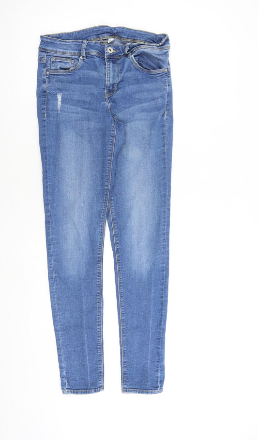 H&M Womens Blue Cotton Skinny Jeans Size 14 L30 in Regular Zip