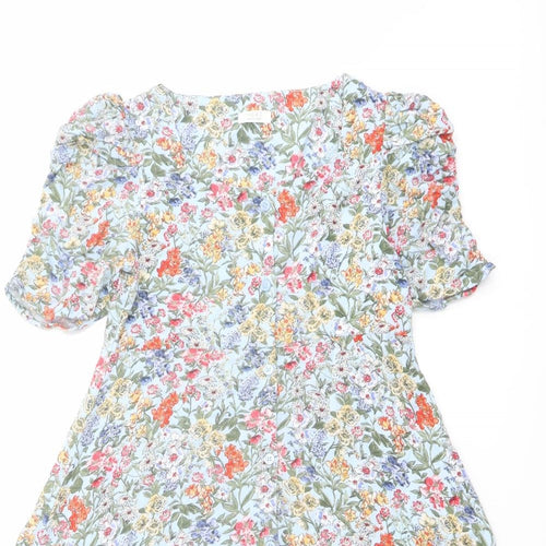 NEXT Girls Multicoloured Floral Viscose Shirt Dress Size 9 Years V-Neck Button
