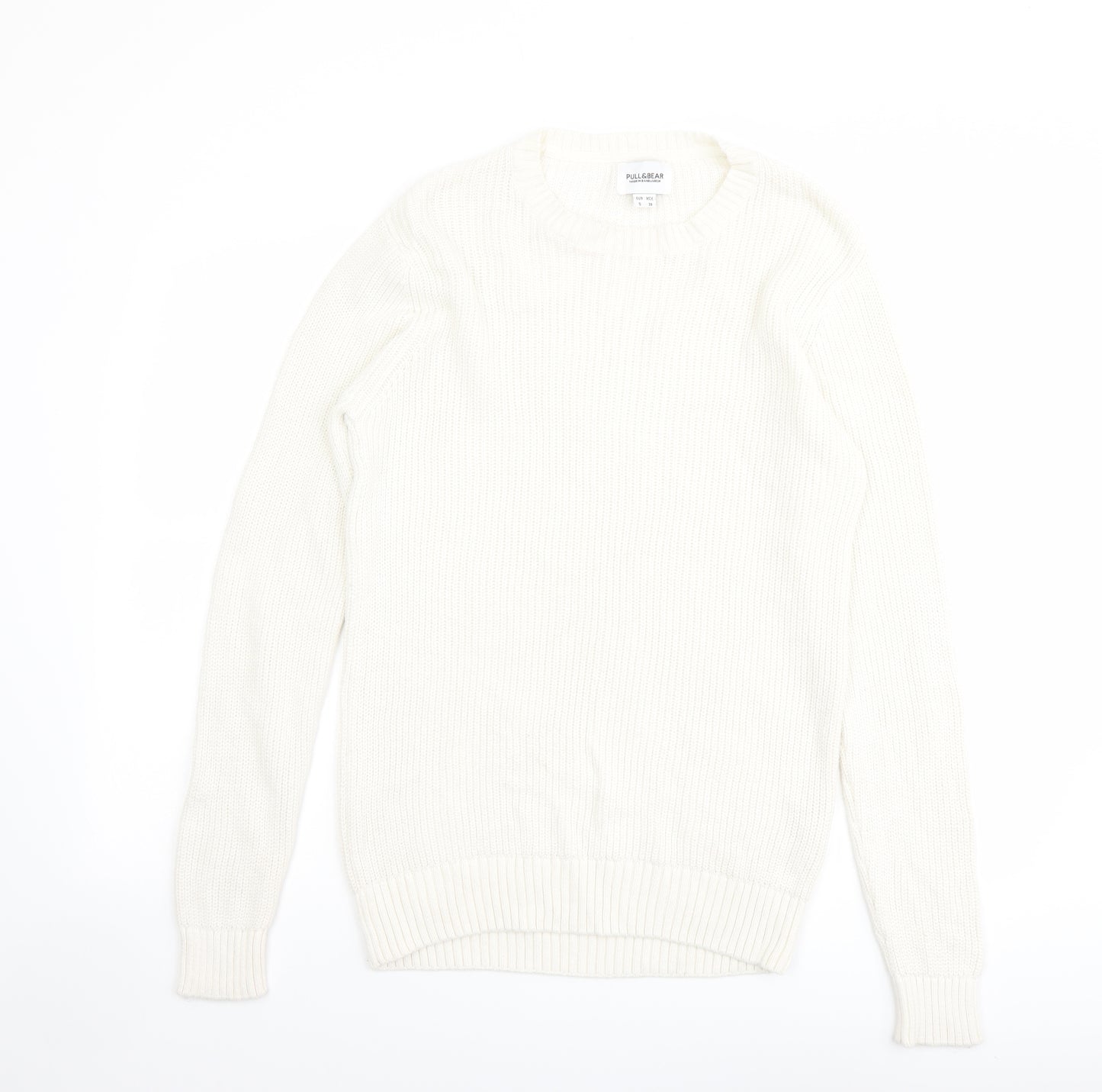 Pull&Bear Mens Ivory Round Neck Cotton Pullover Jumper Size S Long Sleeve