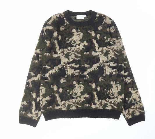 Topman Mens Green Round Neck Camouflage Acrylic Pullover Jumper Size M Long Sleeve