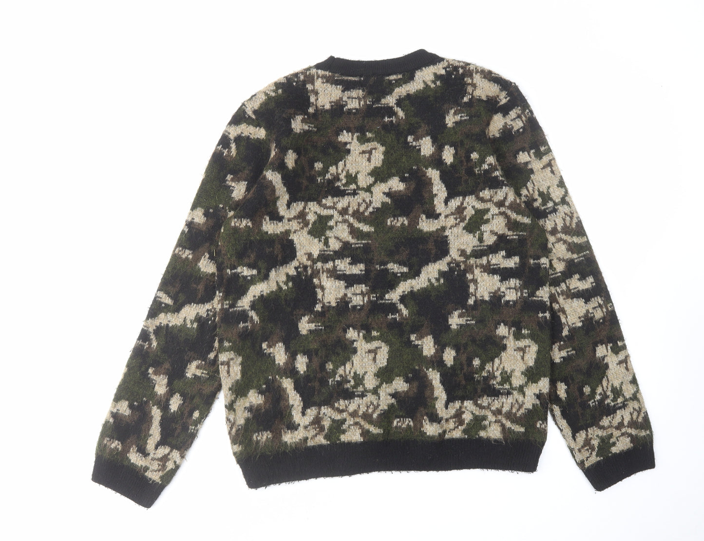 Topman Mens Green Round Neck Camouflage Acrylic Pullover Jumper Size M Long Sleeve