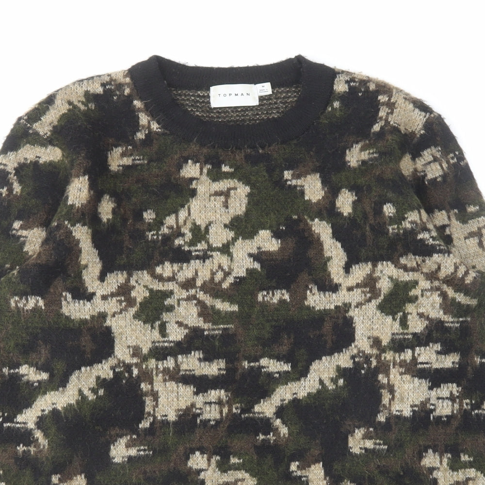 Topman Mens Green Round Neck Camouflage Acrylic Pullover Jumper Size M Long Sleeve