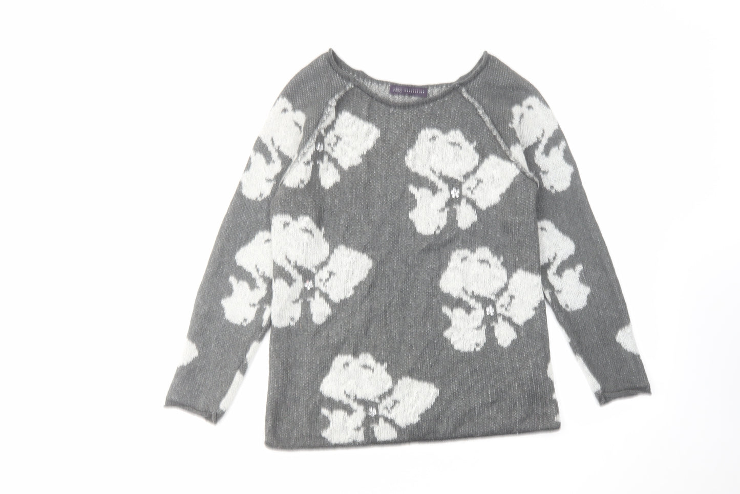 Marks and Spencer Womens Grey Round Neck Floral Acrylic Pullover Jumper Size 8