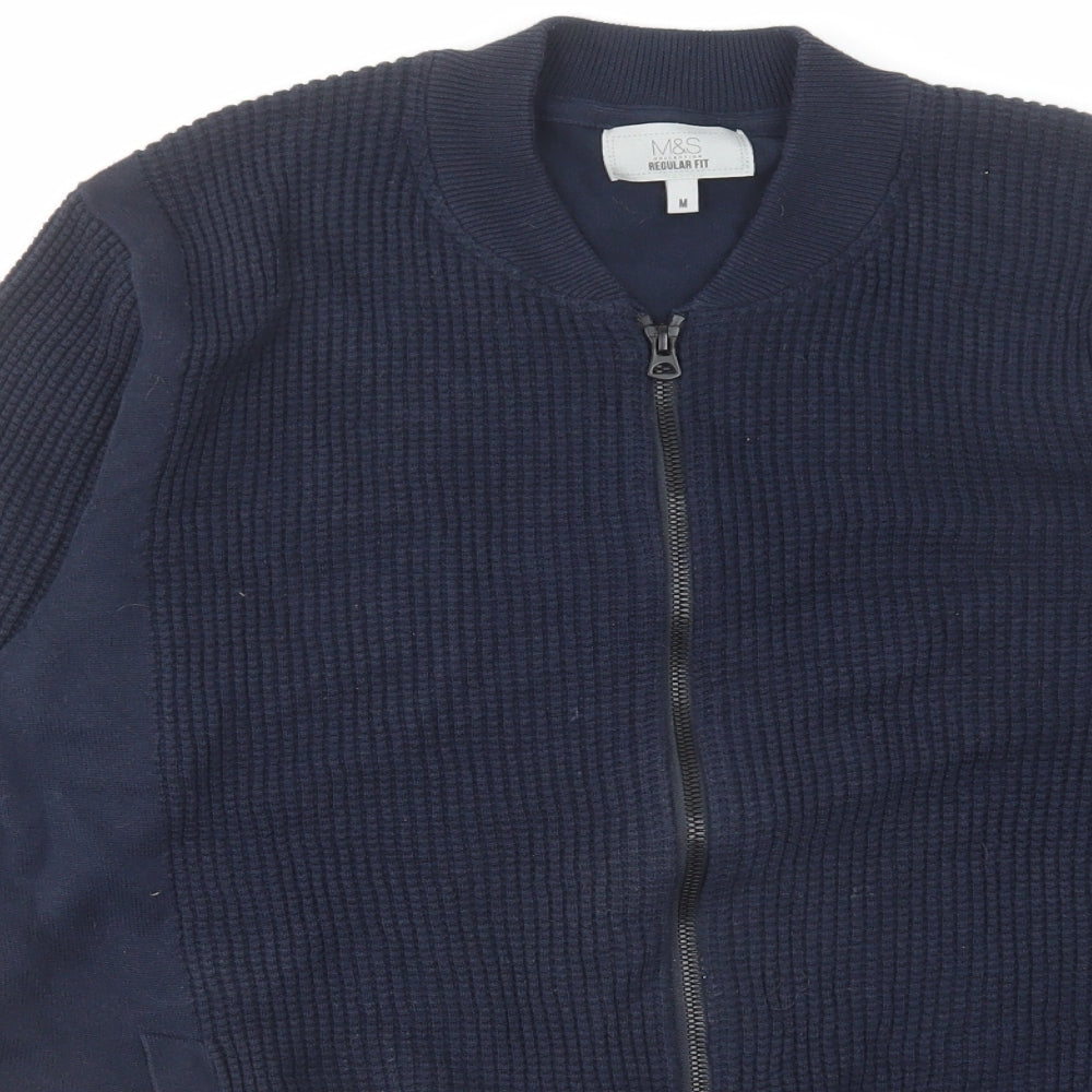 Marks and Spencer Mens Blue Round Neck Cotton Full Zip Jumper Size M Long Sleeve