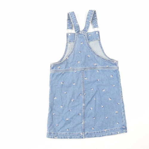TU Girls Blue Floral Cotton Pinafore/Dungaree Dress Size 9 Years Square Neck Button