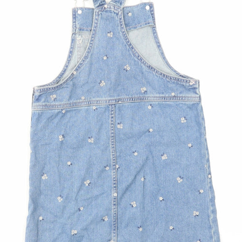 TU Girls Blue Floral Cotton Pinafore/Dungaree Dress Size 9 Years Square Neck Button