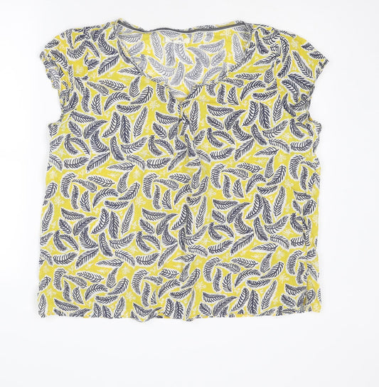 White Stuff Womens Yellow Geometric Cotton Basic T-Shirt Size 16 V-Neck - Feather Print