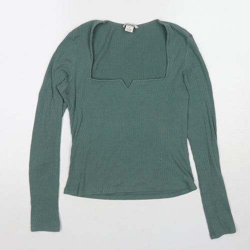 Monki Womens Green Cotton Basic T-Shirt Size S Square Neck - Ribbed