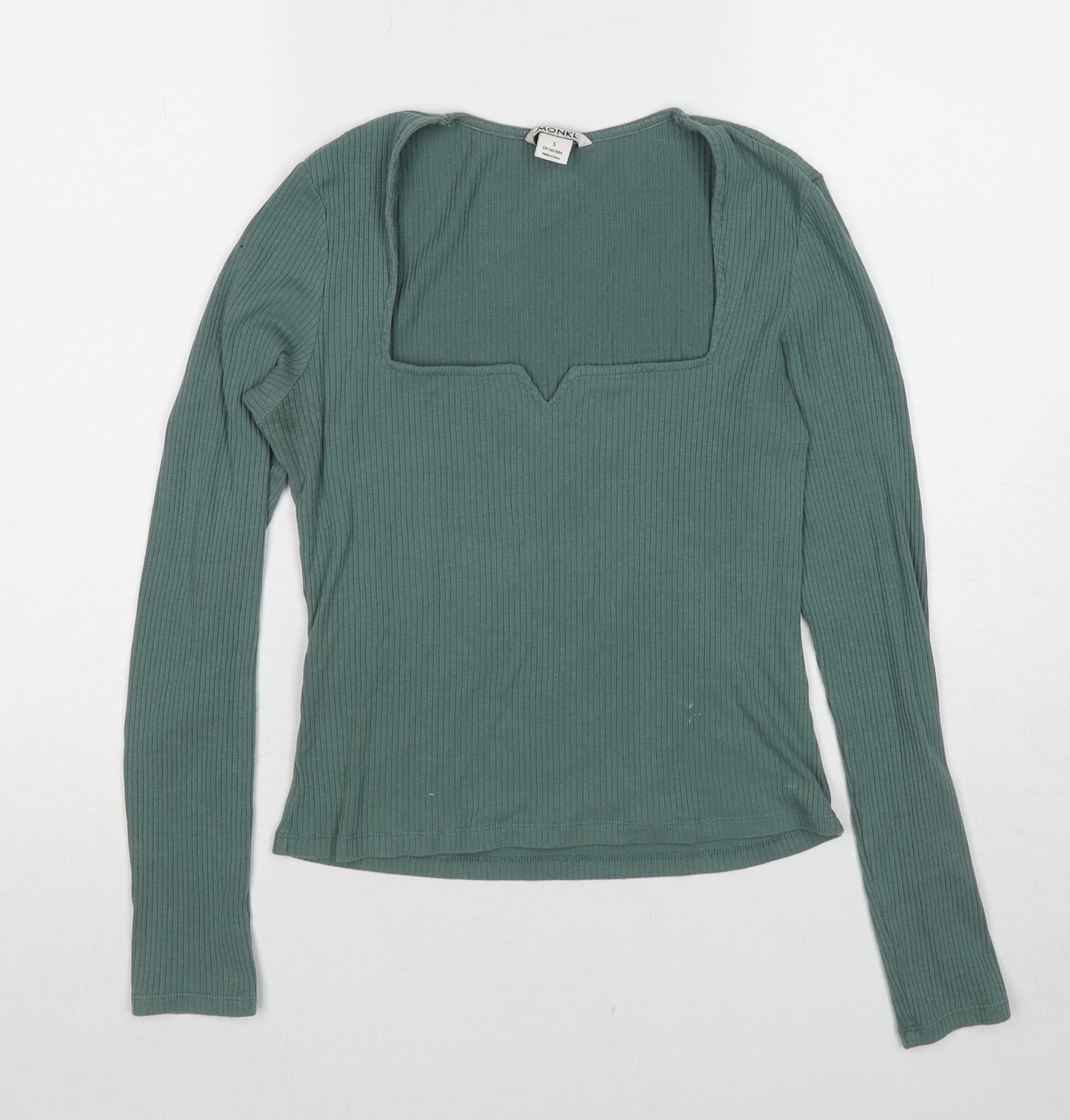 Monki Womens Green Cotton Basic T-Shirt Size S Square Neck - Ribbed