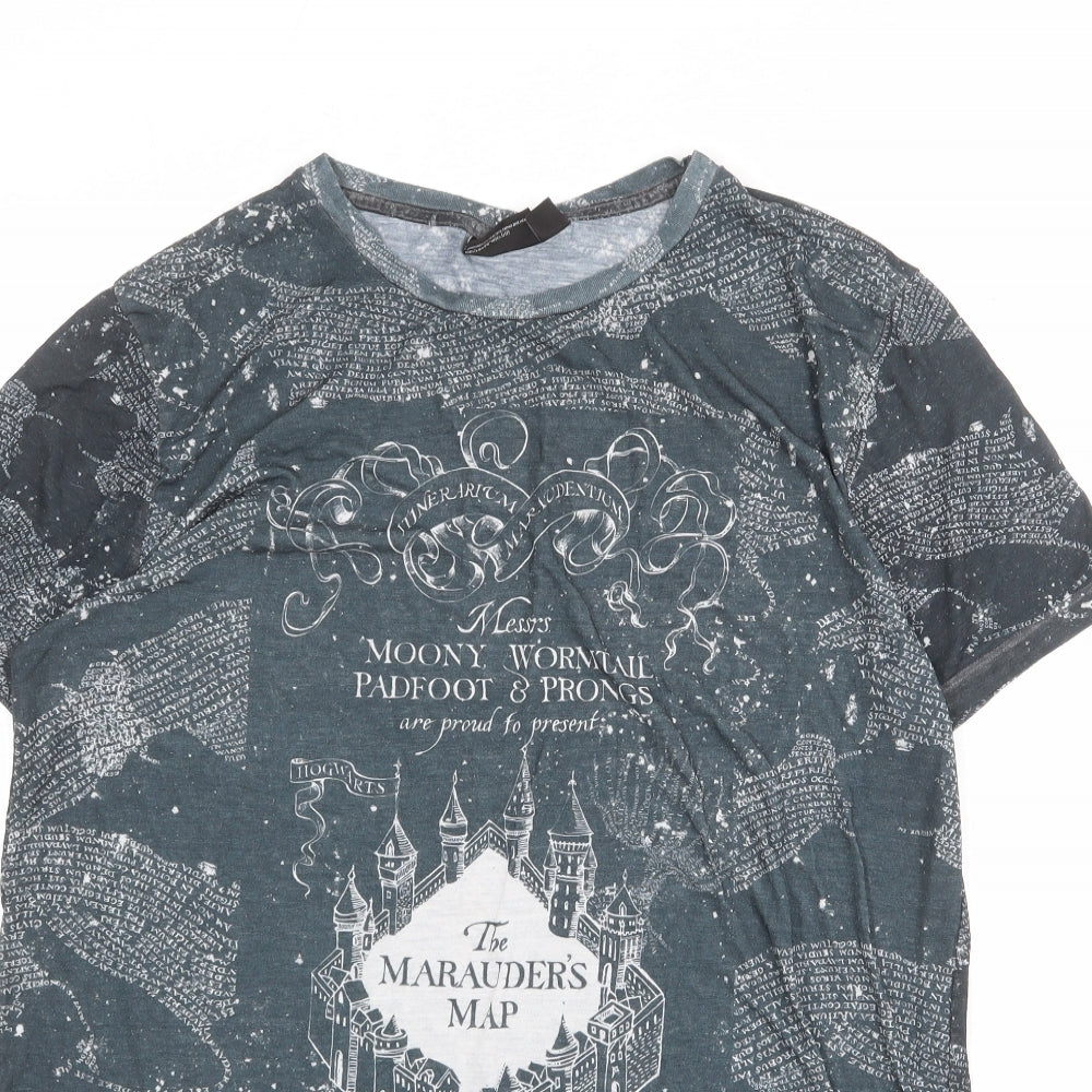 Harry Potter Mens Grey Geometric Polyester T-Shirt Size L Round Neck