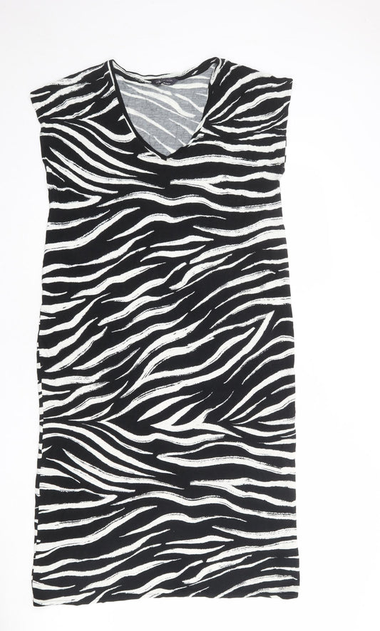 Marks and Spencer Womens Black Animal Print Viscose Shift Size 12 V-Neck Pullover - Zebra pattern
