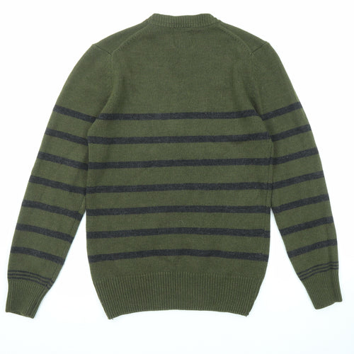 Burton Mens Green Round Neck Striped Acrylic Pullover Jumper Size S Long Sleeve