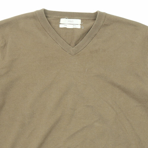 Marks and Spencer Mens Brown V-Neck Cotton Pullover Jumper Size M Long Sleeve