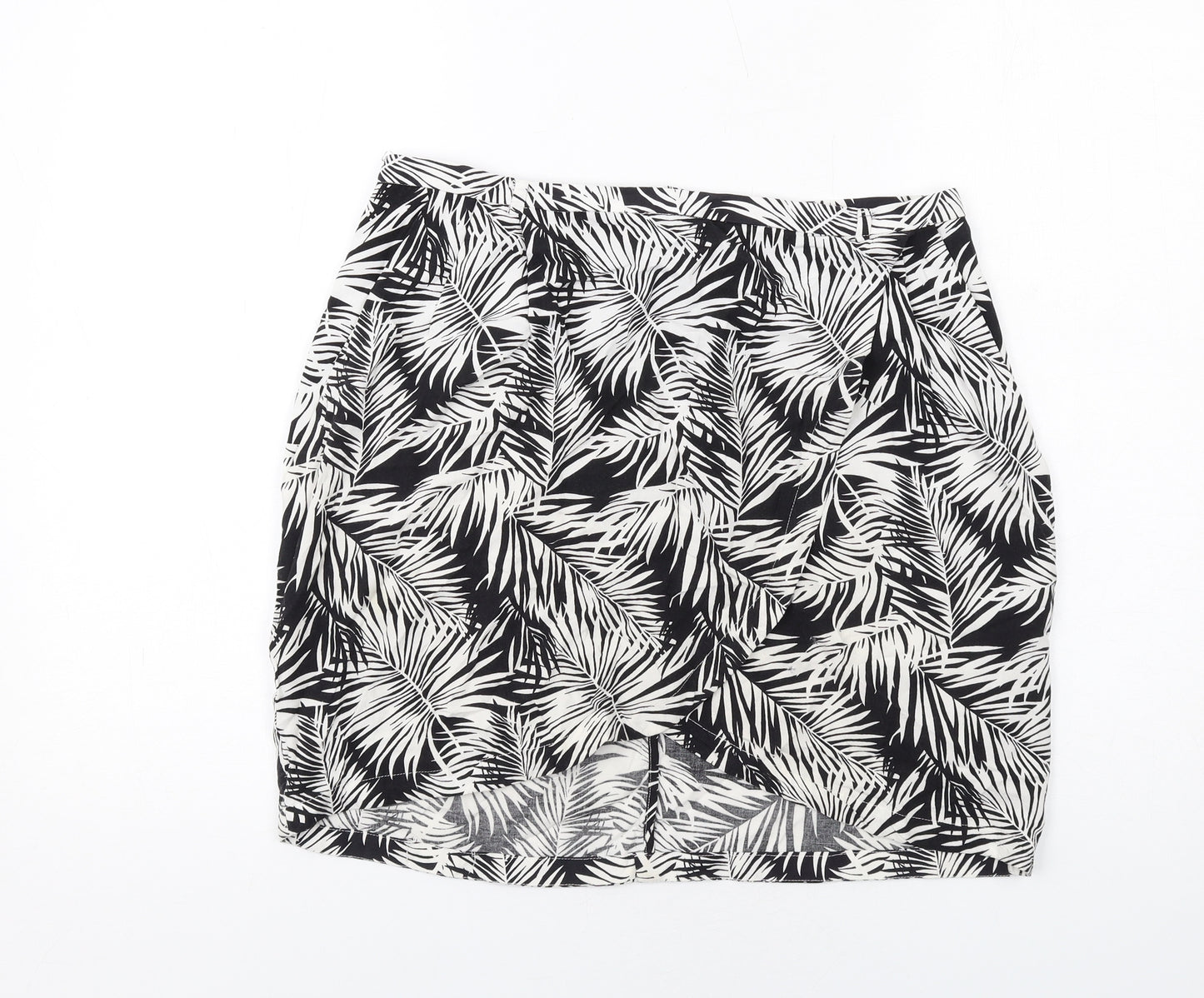 H&M Womens Black Geometric Viscose A-Line Skirt Size 14 Zip - Leaf pattern