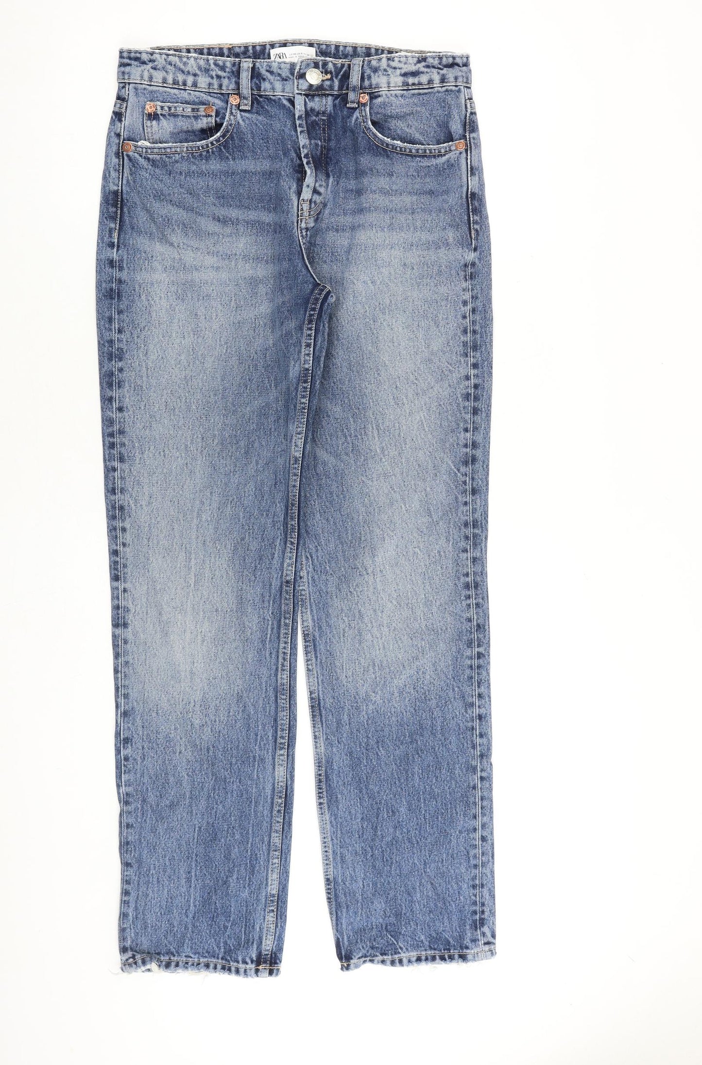 Zara Womens Blue Cotton Straight Jeans Size 12 L32 in Regular Button