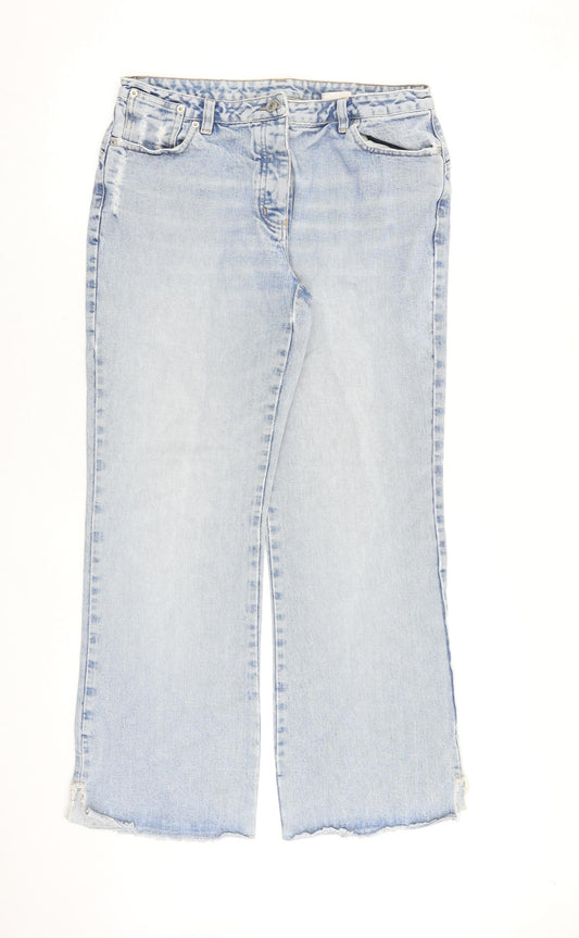 NEXT Womens Blue Cotton Wide-Leg Jeans Size 14 L30 in Regular Button - Raw Hem