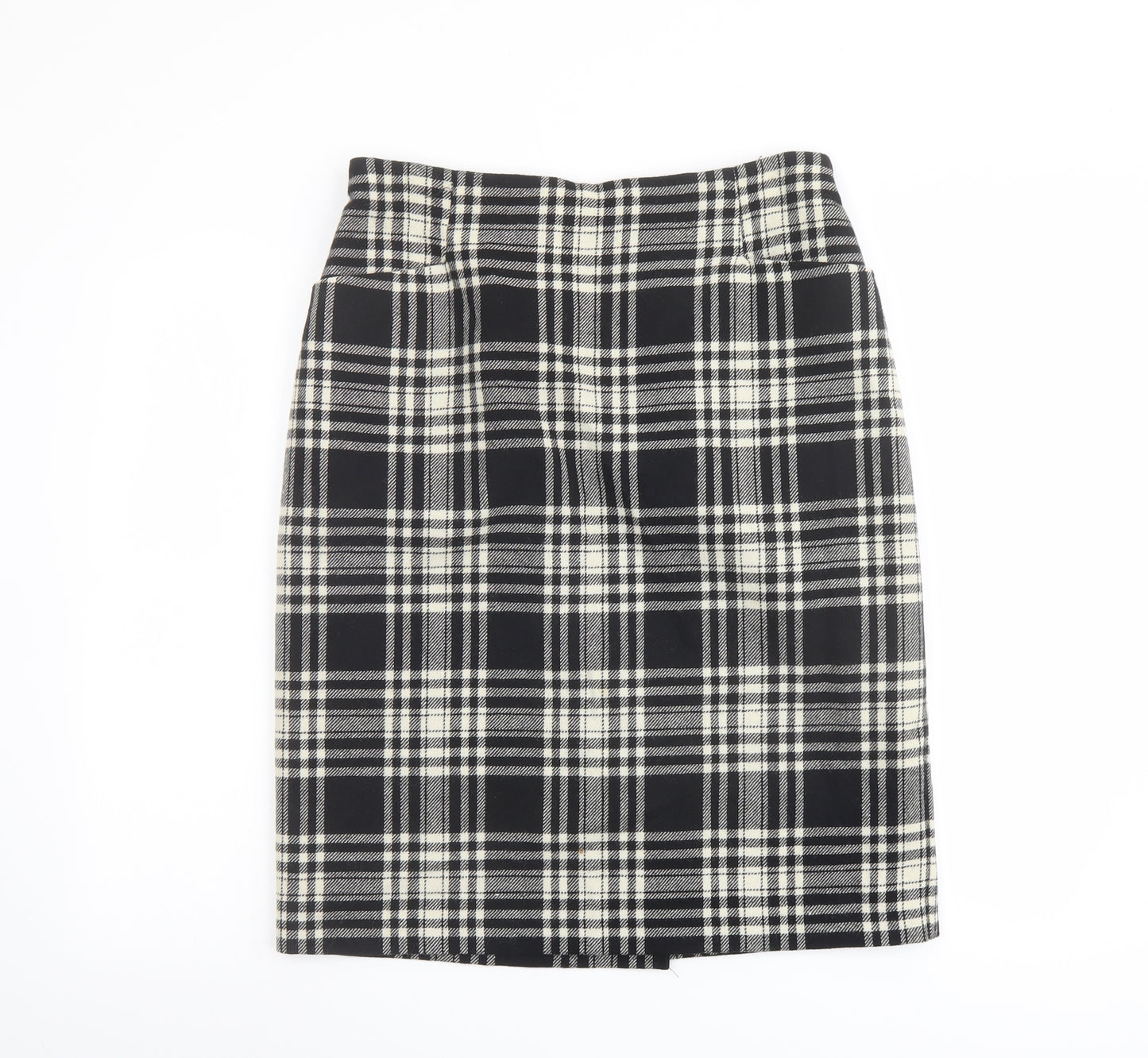 St Michael Womens Black Plaid Wool A-Line Skirt Size 16 Zip