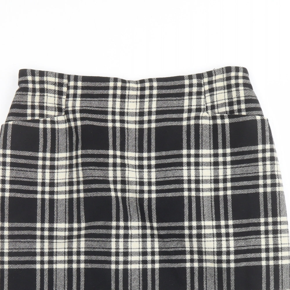 St Michael Womens Black Plaid Wool A-Line Skirt Size 16 Zip
