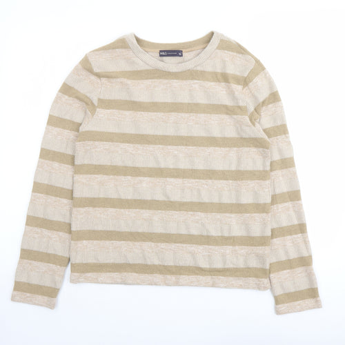 Marks and Spencer Womens Beige Round Neck Striped Polyester Pullover Jumper Size 14