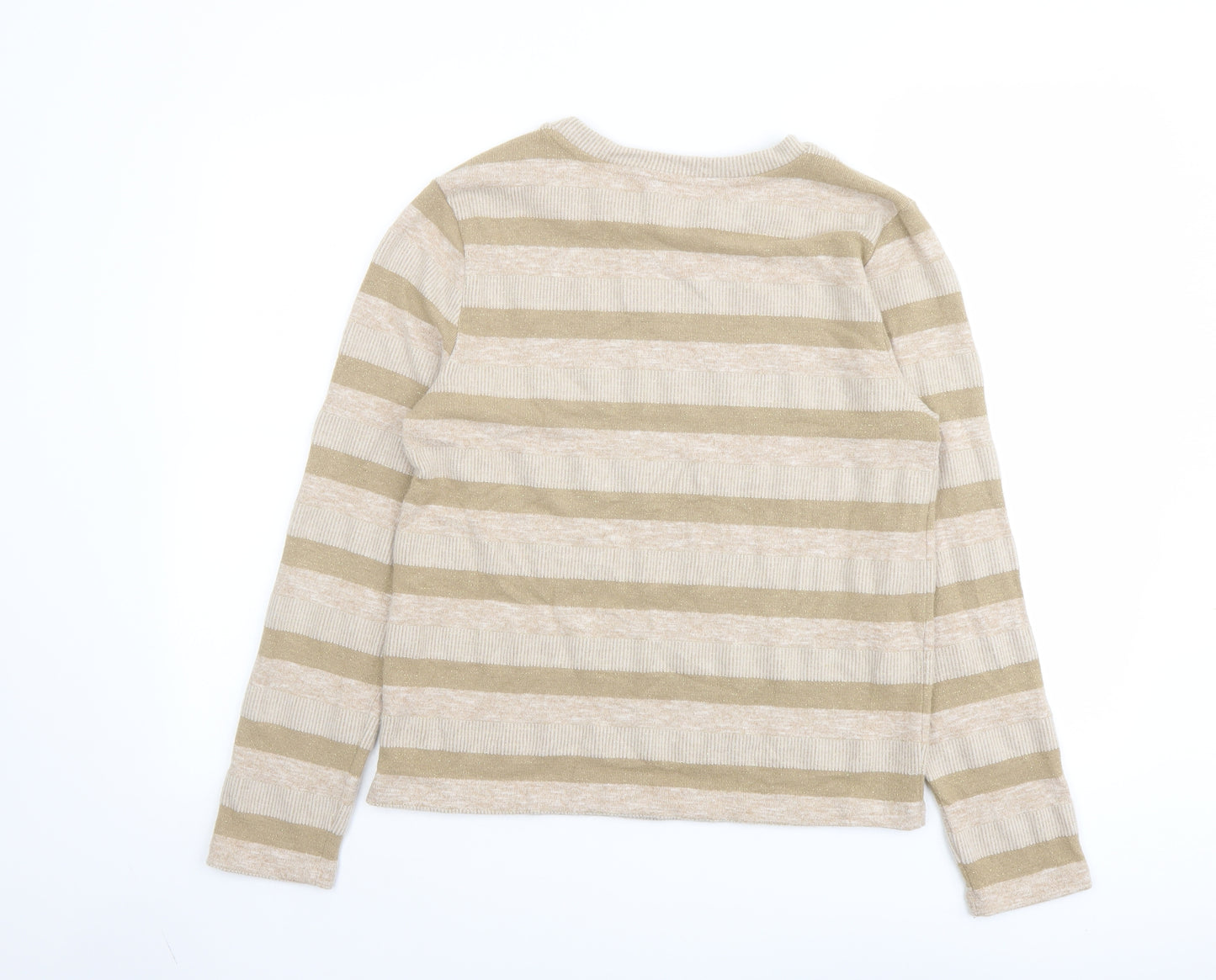 Marks and Spencer Womens Beige Round Neck Striped Polyester Pullover Jumper Size 14