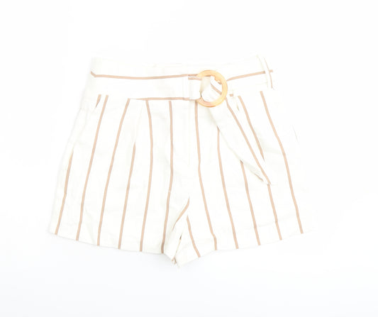 Topshop Womens Ivory Striped Cotton Basic Shorts Size 10 L3 in Regular Button - Belted