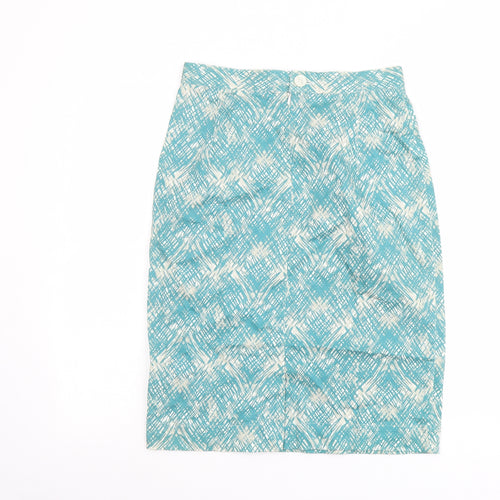 People Tree Womens Green Geometric Cotton Straight & Pencil Skirt Size 10 Button