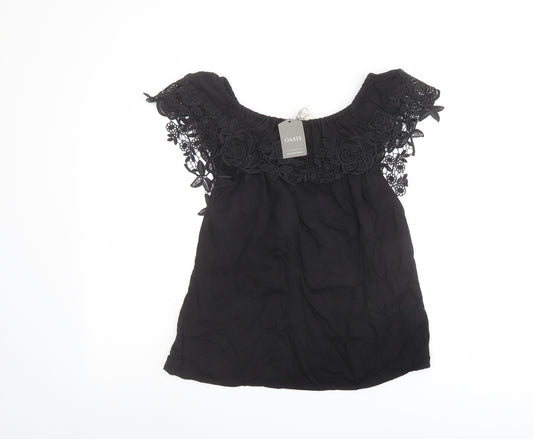 Oasis Womens Black Viscose Basic Blouse Size 10 Off the Shoulder - Crocheted Lace Detail