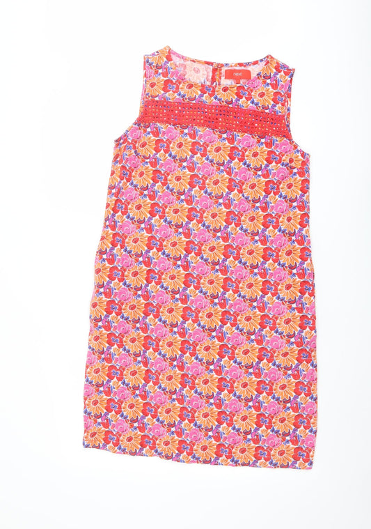 NEXT Womens Multicoloured Floral Linen Tank Dress Size 8 Round Neck Button