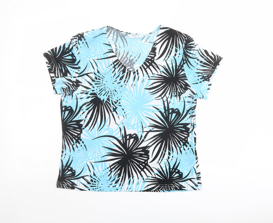 Editions Womens Blue Geometric Polyester Basic T-Shirt Size 16 V-Neck - Palm Print