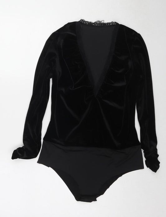 Zara Womens Black Polyester Bodysuit One-Piece Size L Snap - Lace Trim