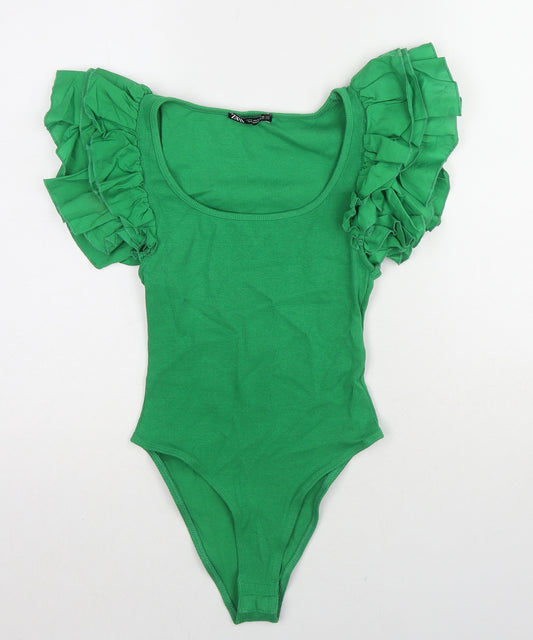 Zara Womens Green Cotton Bodysuit One-Piece Size S Snap