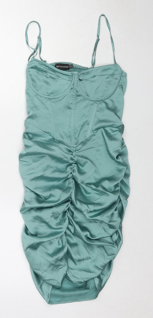 PRETTYLITTLETHING Womens Blue Polyester Bodycon Size 8 Round Neck Zip