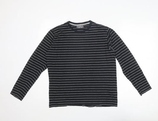 Springfield Mens Black Striped Viscose T-Shirt Size M Round Neck