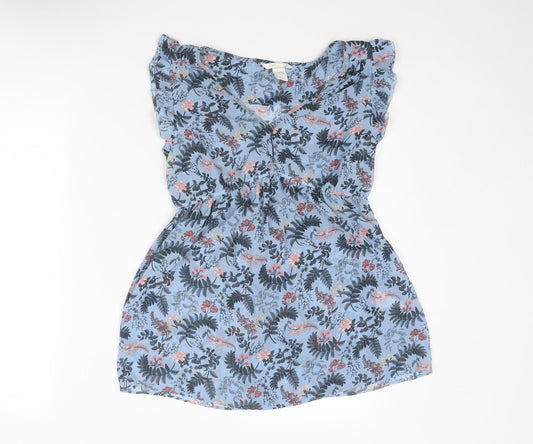 H&M Womens Blue Floral Polyester Basic Blouse Size S V-Neck