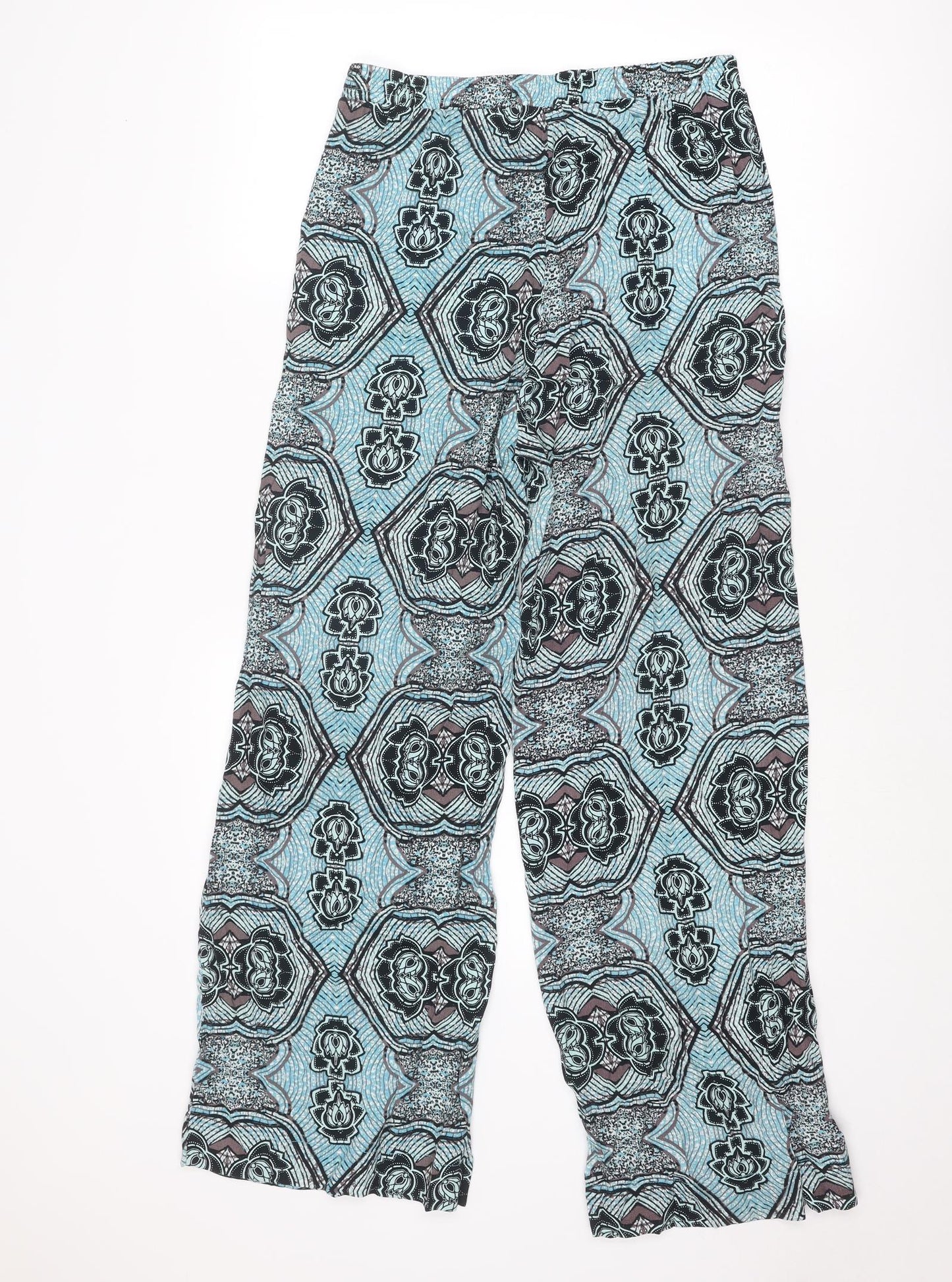 H&M Womens Blue Geometric Viscose Trousers Size 8 L29 in Regular