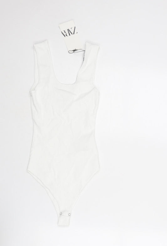 Zara Womens White Polyamide Bodysuit One-Piece Size S Snap