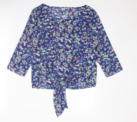 Per Una Womens Blue Floral Polyester Basic Blouse Size 14 Boat Neck - Tie Front Detail
