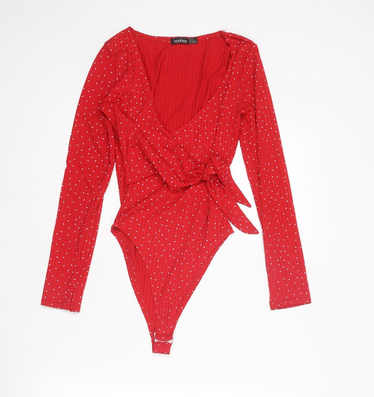 Boohoo Womens Red Polka Dot Polyester Bodysuit One-Piece Size 8 Tie