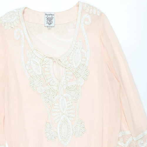 Sita De Vesci Womens Pink Silk Tunic Blouse Size XL V-Neck - Floral Embroidery