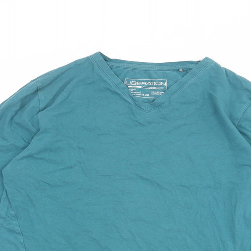 Liberation Mens Blue Cotton T-Shirt Size L V-Neck