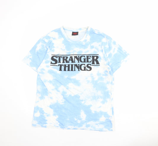 Stranger Things Womens Blue Geometric 100% Cotton Basic T-Shirt Size S Round Neck - Tie Dye