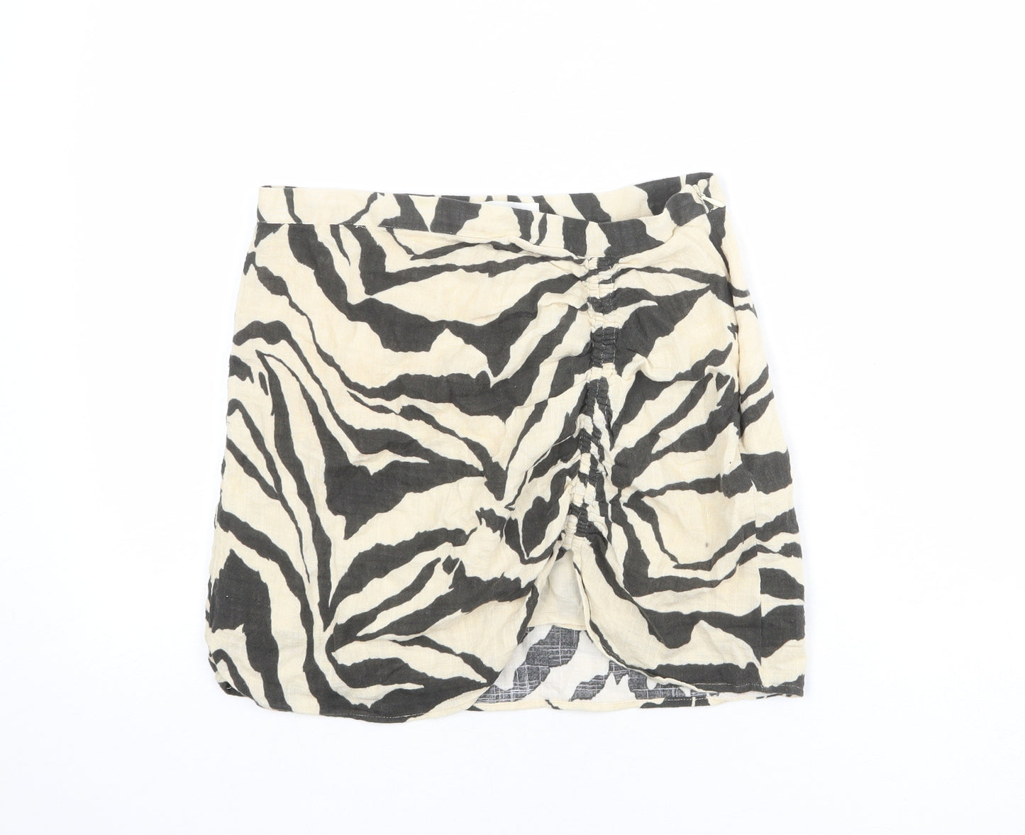 H&M Womens Beige Animal Print Cotton Mini Skirt Size 10 Zip - Zebra pattern
