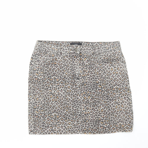 NEXT Womens Brown Animal Print Cotton A-Line Skirt Size 14 Zip - Leopard pattern