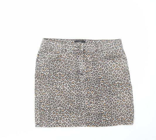 NEXT Womens Brown Animal Print Cotton A-Line Skirt Size 14 Zip - Leopard pattern